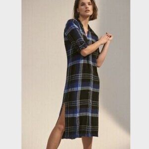 Anthropologie Cloth & Stone Plaid Maxi buttondown shirtdress sz M blue black
